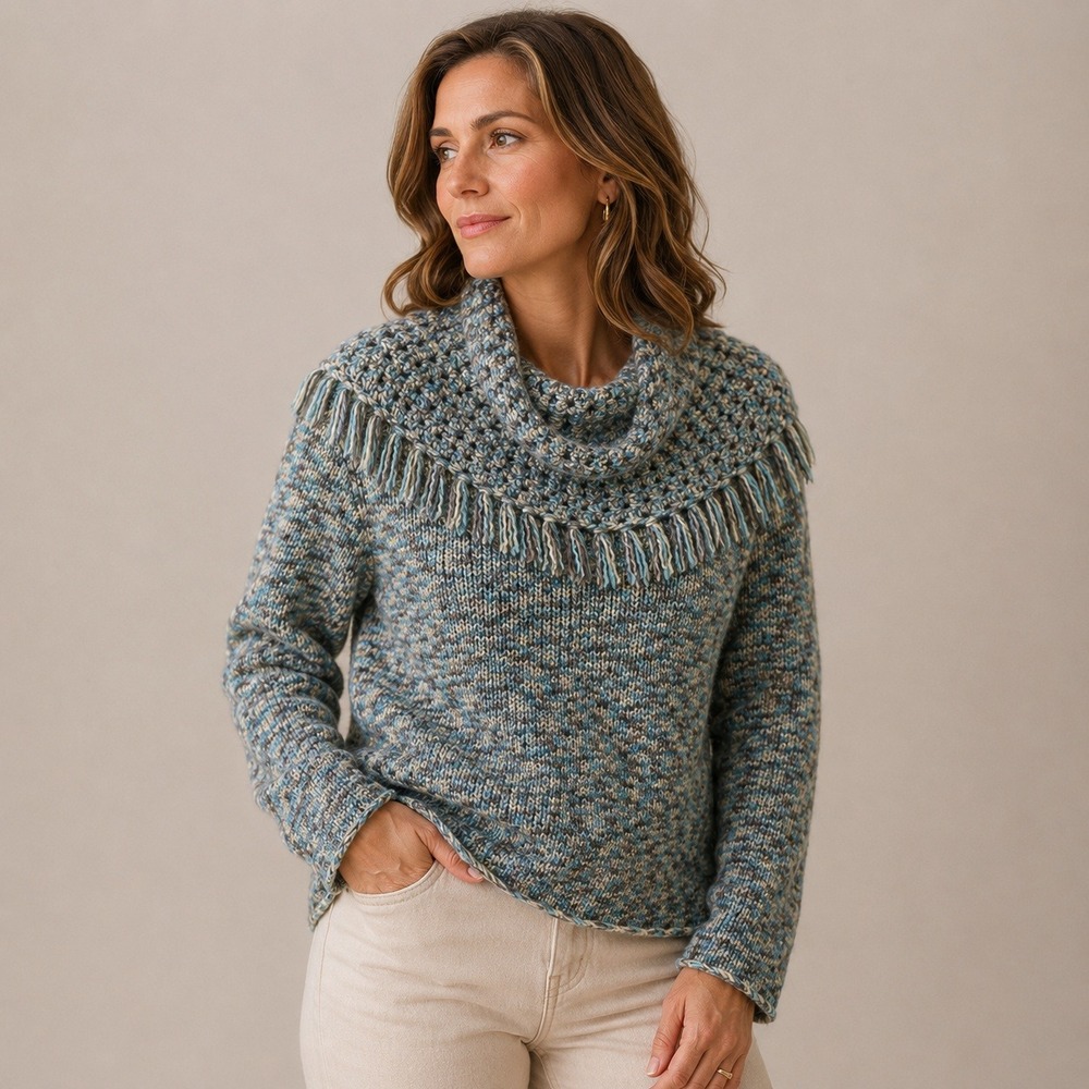 Spanner Fringe Cowl Neck Y2K Sweater L Marled Knit Blue Gray Boho Cozy Pullover